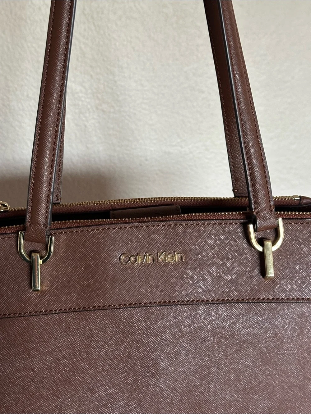 Calvin Klein Chocolate Brown Saffiano Shoulder Bag with Gold Hardware